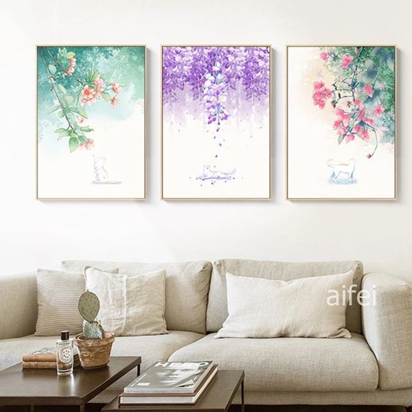 

modern nordic style cute flower and cat canvas panintng hd home decor wall pictures for living room wall art posters and prints