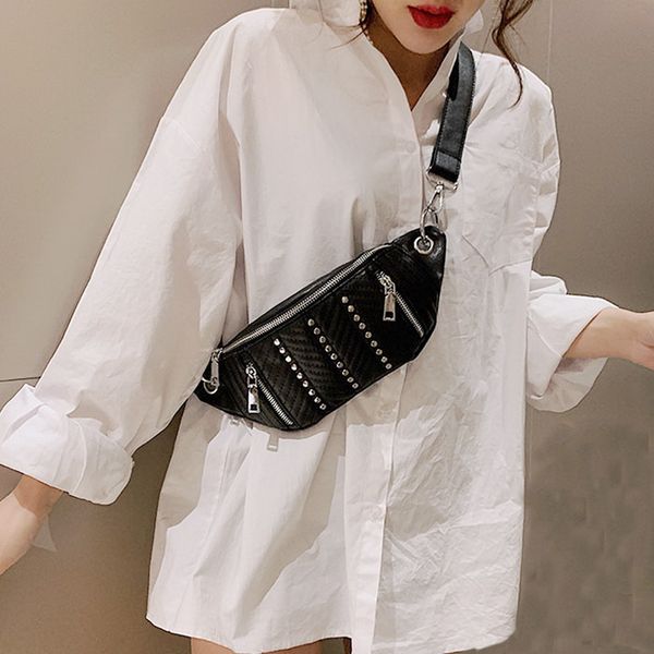

mododiino waist bag pu leather belly bag rivet chest bags zipper fanny pack fashion waist pack women banana dnv0982