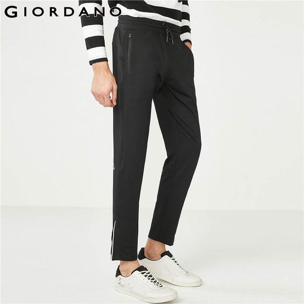 

giordano men pants men reflective patterns fleeced lining stretchy pants casual printed zip at cuffs drawstring pantalon homme, Black