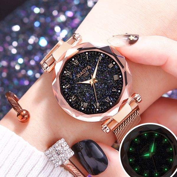 

luxury bright starry sky watch women fashion ladies quartz rose gold clock magnetic mesh female wristwatch, Slivery;brown