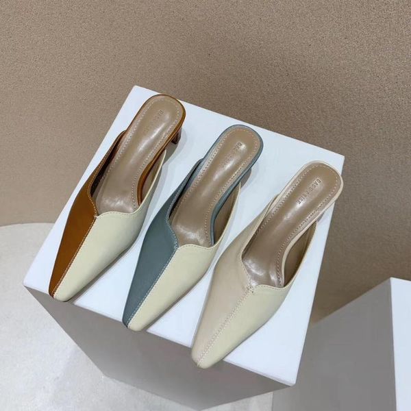 

2020 summer square toe ladies slippers slip on mixed color thin 4 cm mid heeled retro style shallow slippers shoes mules shoes, Black