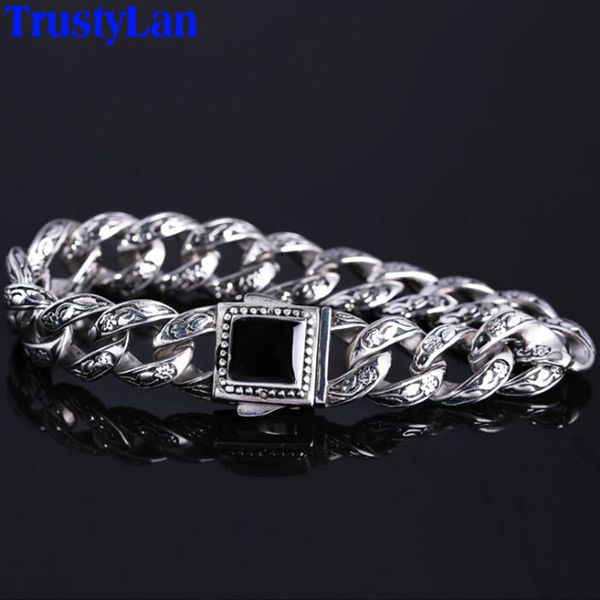 

retro 10 inch rose line bracelet for man black onyx inset stainless steel mens friendship bracelets 15mm chain armband jewellery
