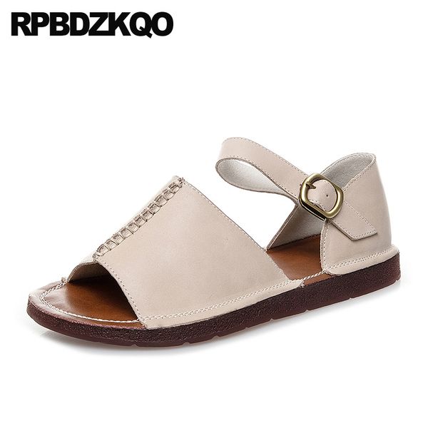 

brown comfortable genuine leather open toe female beige summer pink women sandals flat casual 2019 ladies shoes, Black