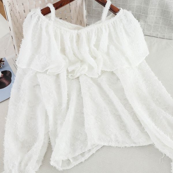 

spring women fashion blending ruffles slash neck sling tassel blouse shirt ladies urban long sleeves pullover shirt suits, White