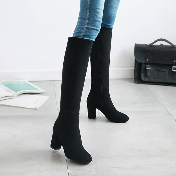 

big size 11 12 13 14 fashion of euro-american square head, rough heel, side zipper, slender and long boots, Black