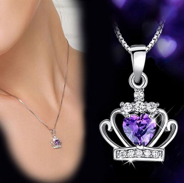 Chegada nova 925 jóias de prata esterlina de cristal austríaca coroa de casamento pingente roxo / prata onda de água colar GB1460