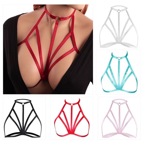 

pink strappy harness bra women hollow out chest belt body cage lingerie goth punk plus size night clubs party cosplay rave, Black;white