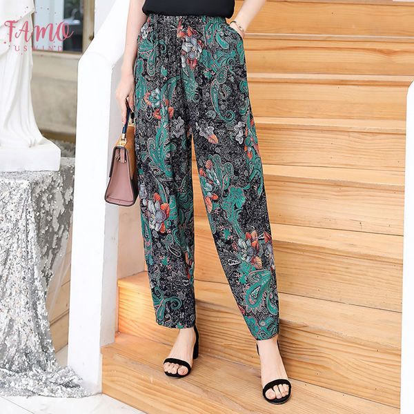 

new 2019 summer pants women vintage elastic waist print floral elegant trousers casual wide leg pants plus size xl 5xl, Black;white