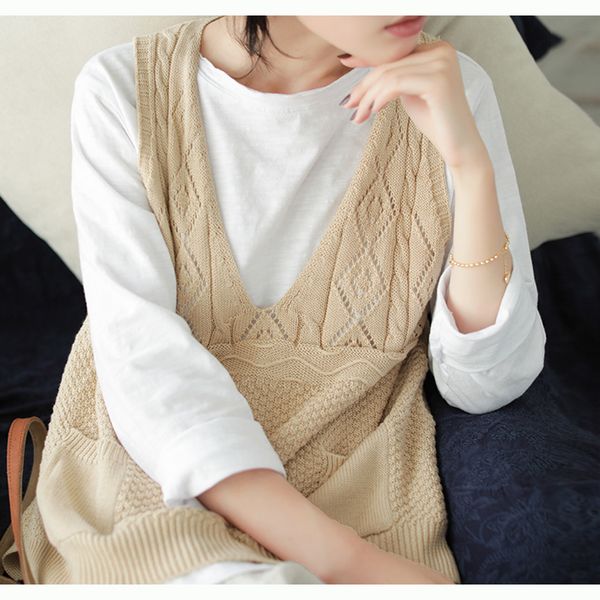

women knit pullover tank v neck sweaters pockets sleeveless big loose oversized sweet cute hollow out az33273119, Black;white