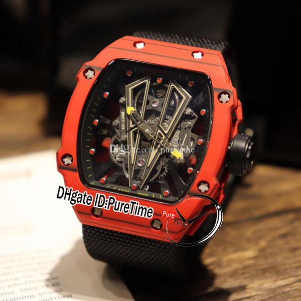 

new rm27-03 rafael nadal ntpt red black carbon fiber pvd steel skeleton dial miyota automatic black nylon strap watches puretime e74c3, Slivery;brown