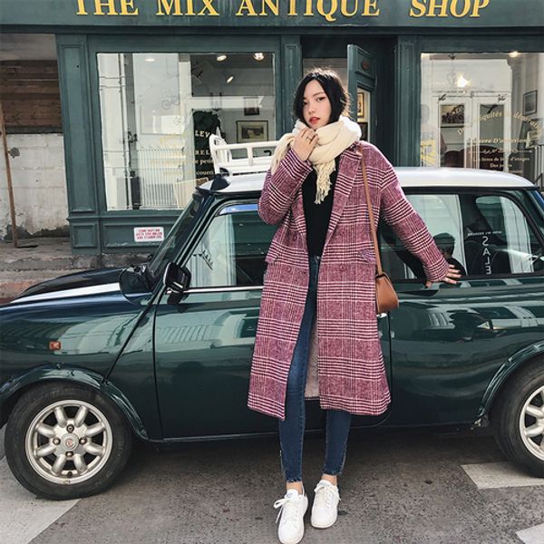 

new women vintage red plaid woolen cashmere coat female autumn winter new 2019 long woolen blend coats ka113, Black