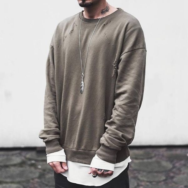 

2016 fashion brand streetwear baggy men broken ripped hoodies sweatshirt crewneck oversized west destroy clothing, Black