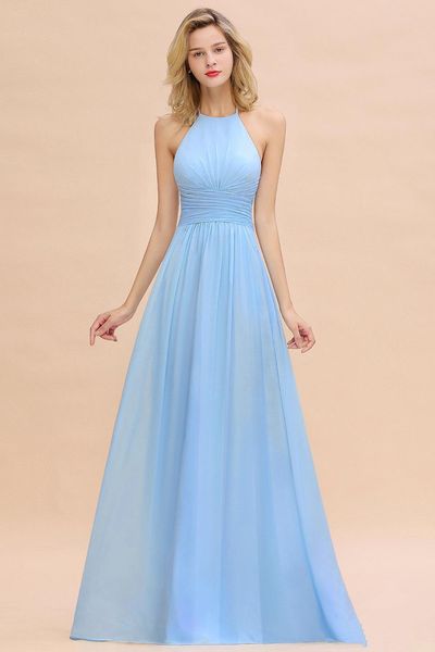 

sky blue chiffon bridesmaid dress with pleats 2020 halter neck wedding guest gowns bohemian maxi dresses, White;pink