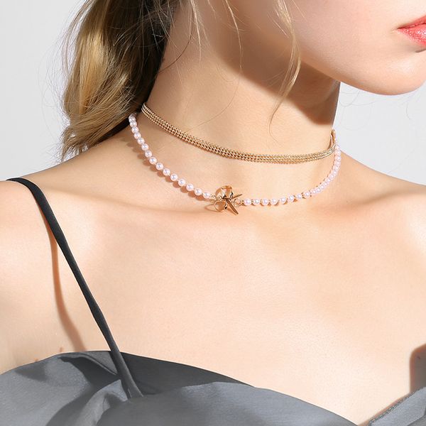 

yumfeel brand new double layer choker necklace women copper imitation pearl necklace jewelry gifts, Silver