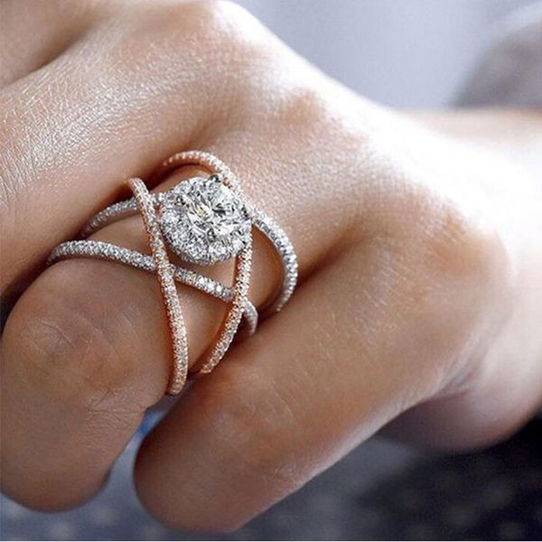 

creative cross zircon 14k rose gold diamond ring for women bague or jaune of bizuteria anillos de rings jewelry females gemstone j190704, Slivery;golden