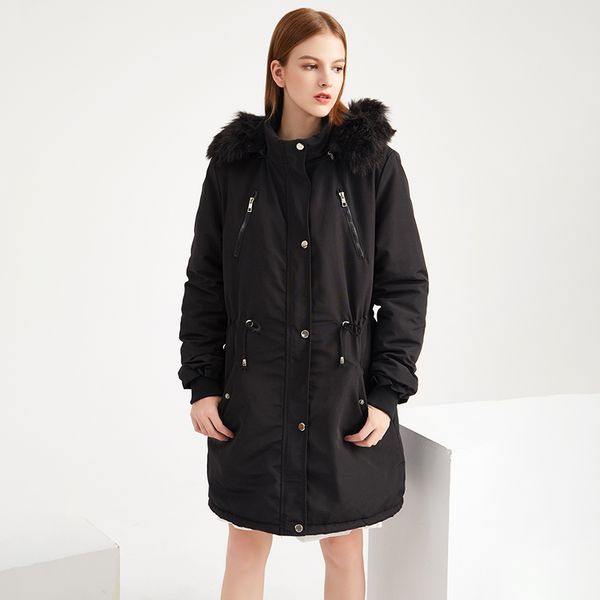 

women's winter warm fur collar hooded jacket parka cotton padded coat ladies fashion solid color overcoat, Black