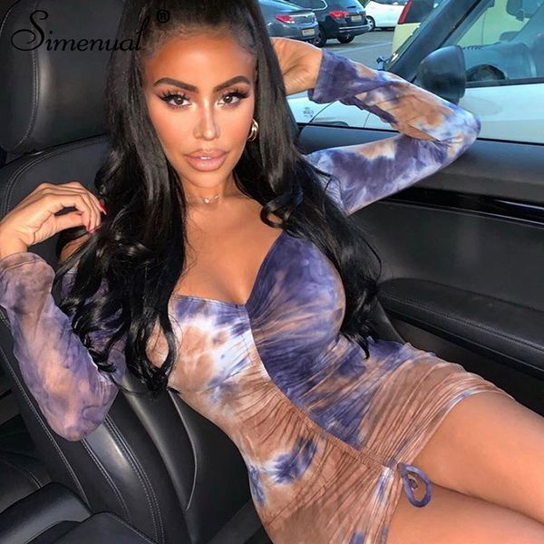 

simenual tie dye drawstring women bodycon dress off shoulder long sleeve party mini dresses autumn fashion clubwear skinny, Black;gray