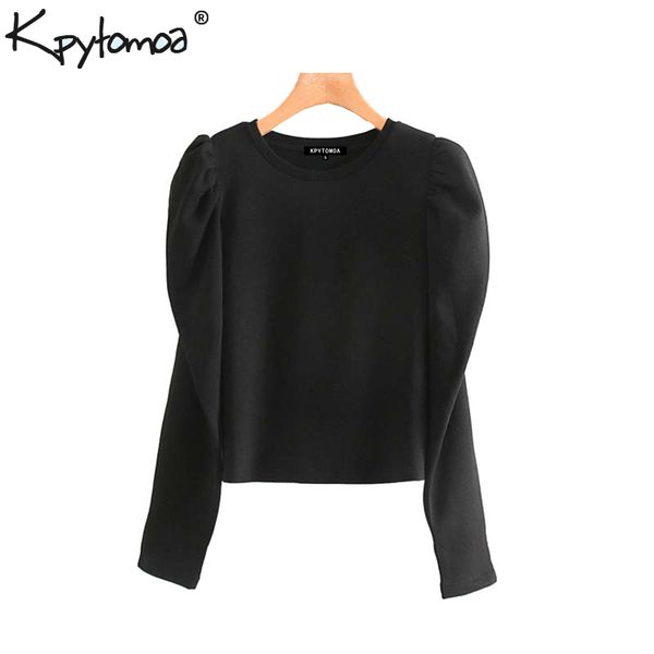 

vintage stylish basic cropped sweatshirt women 2020 fashion o neck puff sleeve short style office wear pullovers chic, Black