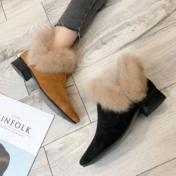 

warm fluffy womens winter boots 2019 pointed toes women snow boots fashion fall women slip on high heels black