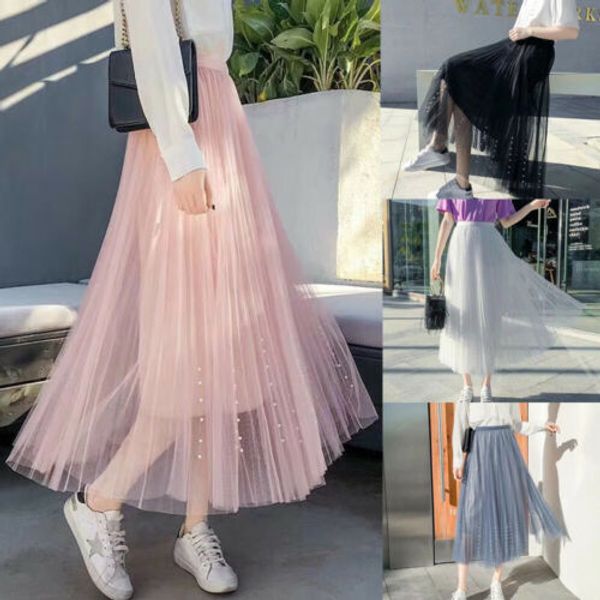 

summer new causal women girls princess tulle pleated long skirt prom beading bouffant high waist causal female skirts, Black