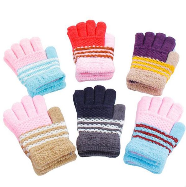 

kids striped knitted gloves boys and girls baby thicken striped finger warm knit mittens for children jj20066, Blue;gray