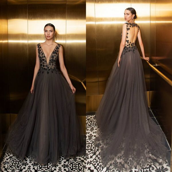 

2020 julie vino prom dresses deep v neck illusion hollow back lace appliqued evening dress a line robes de soirÃ©e formal gowns, Black