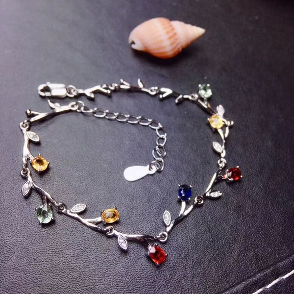

natural multicolor sapphire bracelet natural gemstone bracelet s925 silver fashion elegant branches women party gift jewelry, Golden;silver