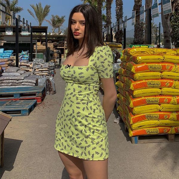 

летние женщины bodycon платье мода клубника бабочка печати квадратный воротник мини-платье повседневная тонкий карандаш 2020 новый, Black;gray