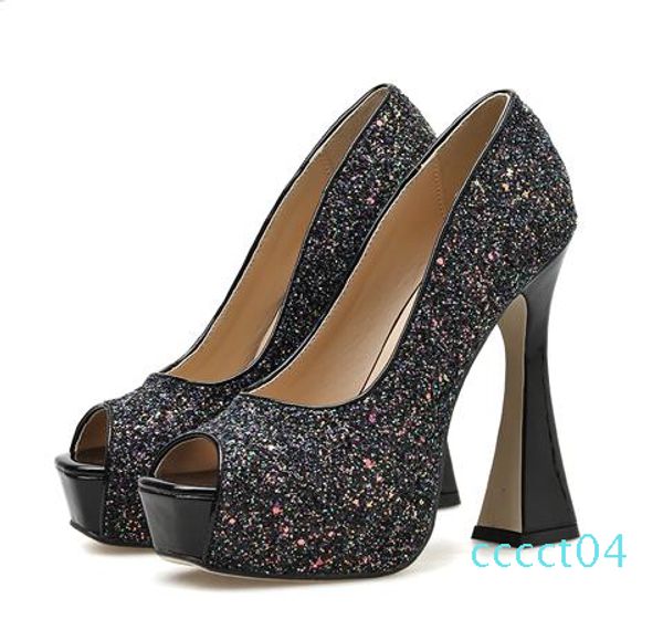 

sparkly sequined gold peep toe spool heel silver wedding shoes luxury women designer shoes bridal shoes size 35 to 41 ct04, Black