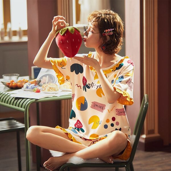 

pure cotton home cotton-padded cotton-padded clothes pajamas women's summer thin short-sleeved shorts cute young women's students, Black;red