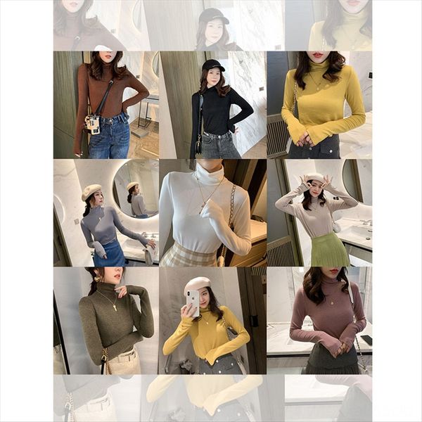 

macaron solid color t- semi-high collar base shirt women's inner long sleeve t-shirt slim versatile 2019 autumn, White