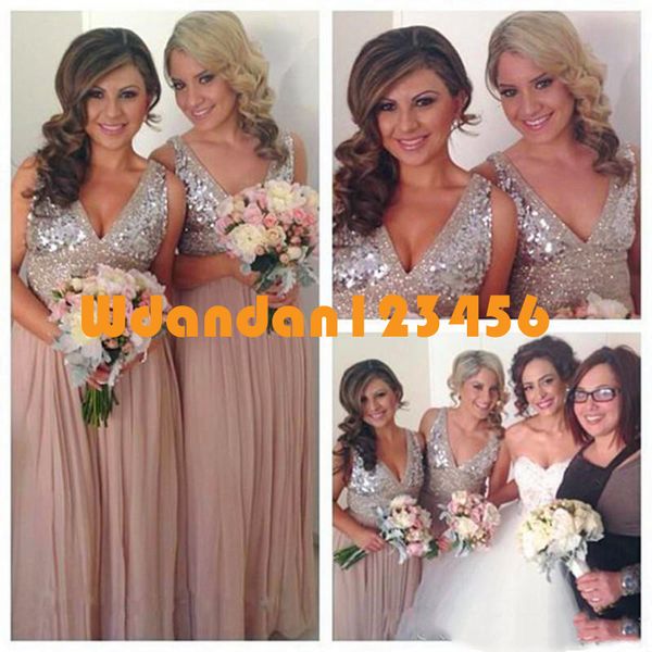 Bling Beaded Chiffon V Neck Bridesmaid Dresses Floor Length 2020