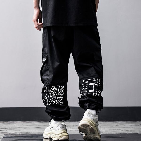 

korea street 3m shine cargo pants men motive embroidery hip hop harem joggers back ribbon trousers man skateboard streetwear, Black