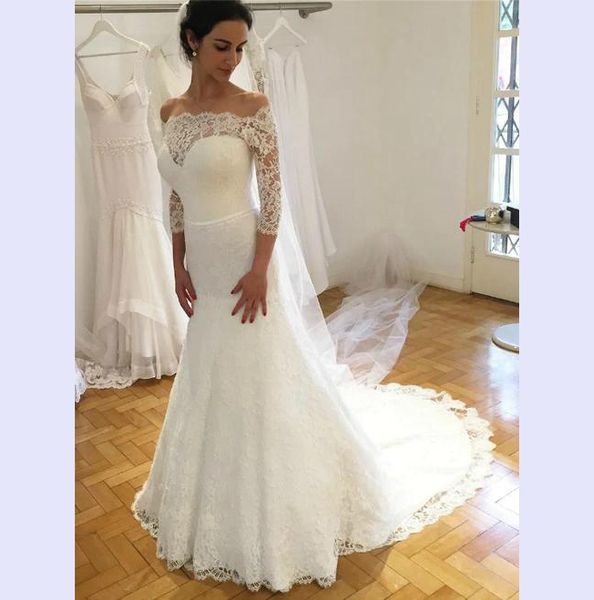 

очаровательная плеча свадебные платья с рукавами аппликациями русалка свадебные платья суд поезд vestidos де noiva свадебные платья, White