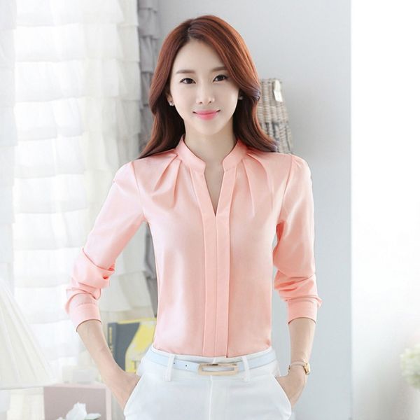 

summer pleated chiffon women's shirt long sleeve casual blouse female v-neck solid white office blouse large size blusas