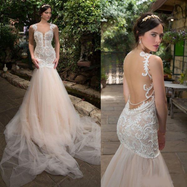 

2020 champagne lace mermaid wedding dresses spaghetti straps illusion backless applique pearls court train wedding bridal gowns, White