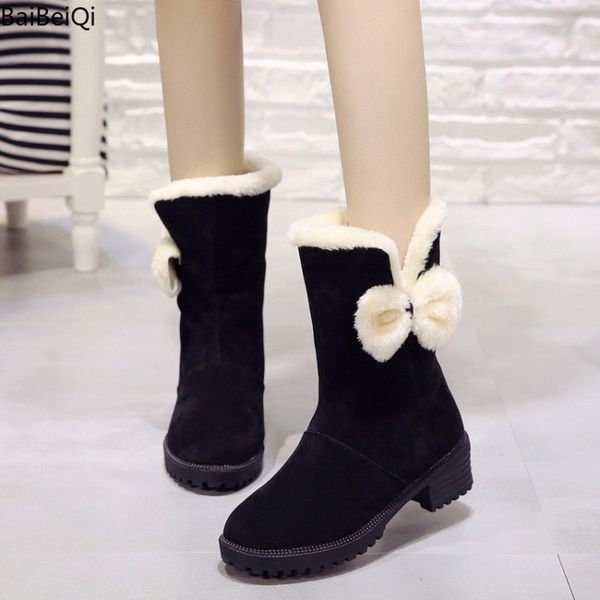 

women casual winter warm short plush snow boots shoes women round toe mid heels dress mid-calf boots botas mujer zapatos, Black
