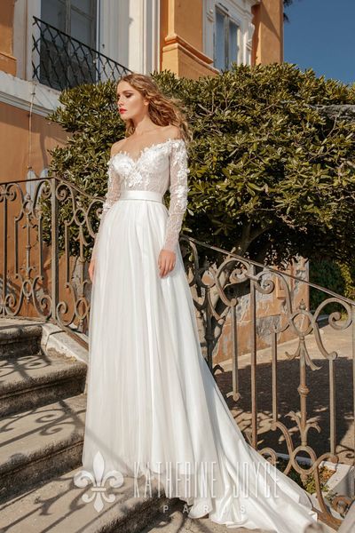 

elegant long sleeves wedding dresses a line off-shoulder appliqued lace bridal gown backless custom made sweep train robes de mariÃ©e, White