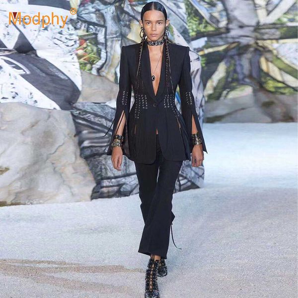 

2019 winter black ladies set long sleeve lace-up suit blazer high waist pants casual two-piece celebrity runway party set, Tan;black