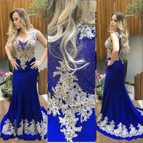 

new gorgeous royal blue v neck mermaid evening dresses wear appliques lace beads satin sequins sleeveless sweep train party prom gowns, Black;red