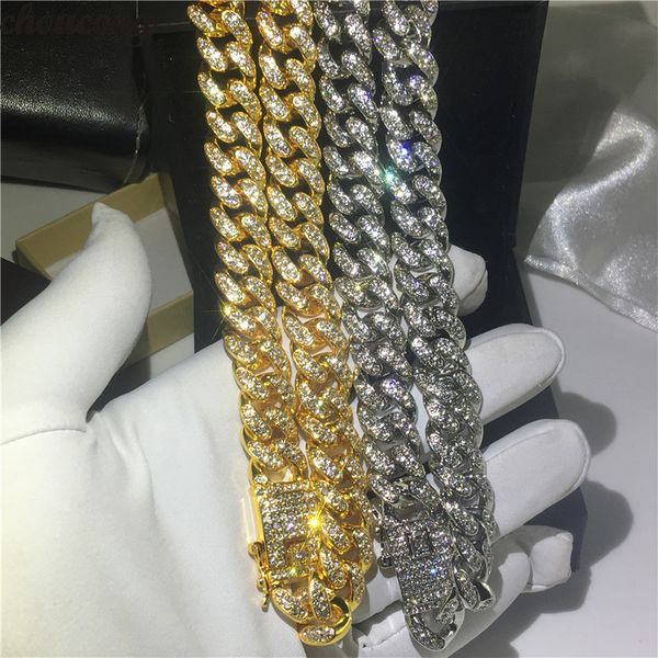 

handmade male iced out crystal cz necklace 12.5mm heavy miami cuban link chain hiphop gold color fashion party jewelry for men, Silver