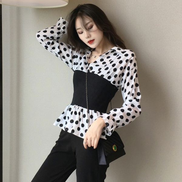 

women black white polka dot shirt lady v neck high waist patchwork full sleeve short shirts blouse blusa work wear