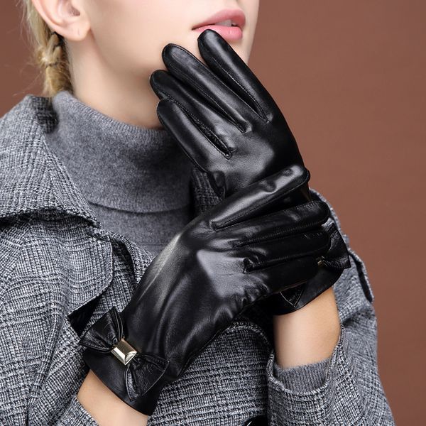 

fashion women' genuine leather gloves winter warm sheepskin gloves touch screen thin style cute bow gr-5920-5, Blue;gray