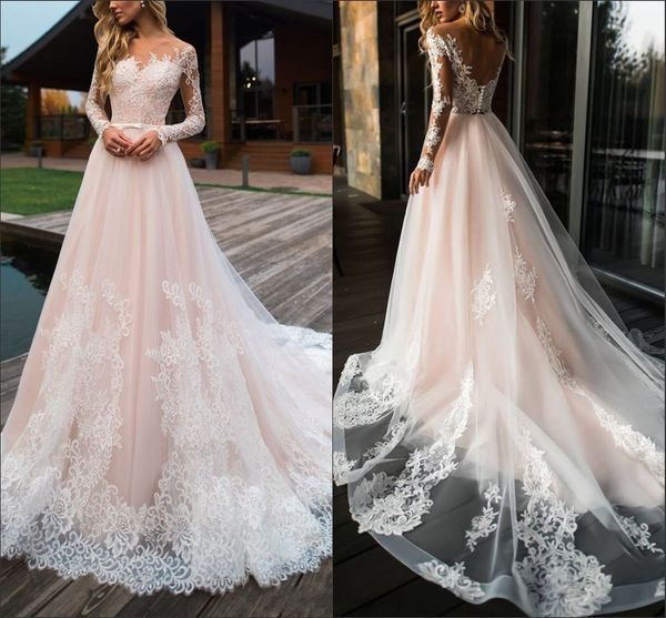 Abiti da sposa in pizzo a-line rosa cipria maniche lunghe scollatura trasparente sexy scollo a V aperto sul retro abito da sposa Berta Boho abiti da sposa taglie forti