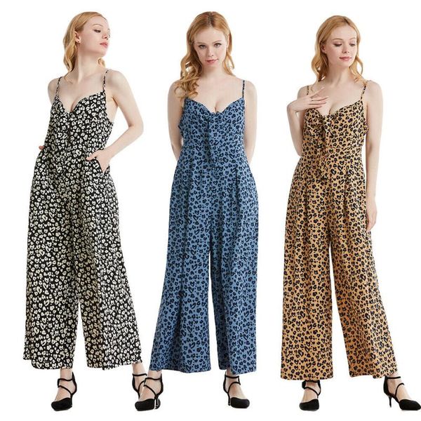

women's jumpsuits & rompers fashion summer women leopard print sleeveless jumpsuit strap wide leg pant playsuit overall romper boho spa, Black;white