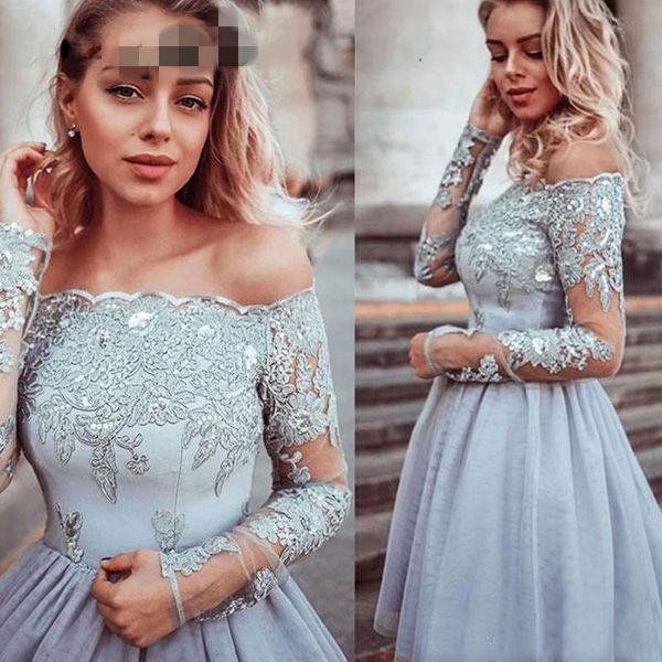 Graue Spitze Günstige Abschlusskleider Günstiges Ballkleid 2019 Langarm Illusion Schulterfrei Kurzer Abschlussball Heimkehr Sweet 16 Kleid Vestido