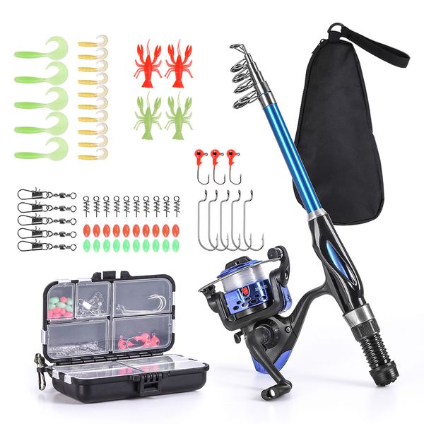 

blusea fishing rod reel combo full kit 1.3m telescopic fishing rod spinning reel set with hooks lures barrel swivels storage bag