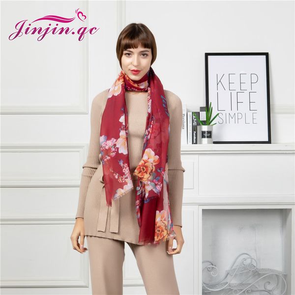 

jinjin.qc autumn femme silk scarf shawls and wraps scarves for women red flower blossoming printing long soft viscose wrap