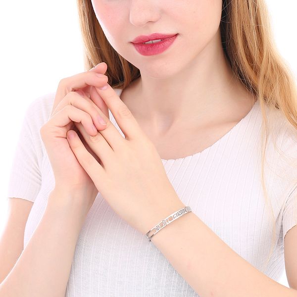 

polishedplus customized do all things with love personalized stainless steel bangle hollow letter bracelet for women simple gift, Black