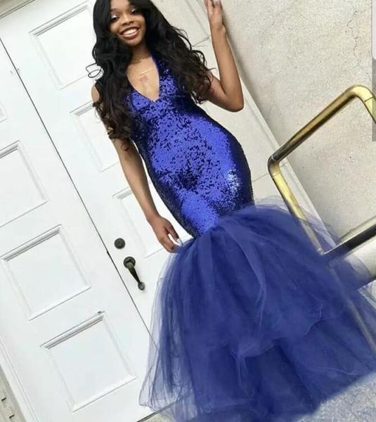

Sexy Black Girl Sequined Prom Dresses Navy Blue Deep V Neck Evening Gowns Tulle Skirt vestidos de fiesta African Mermaid Party Dress